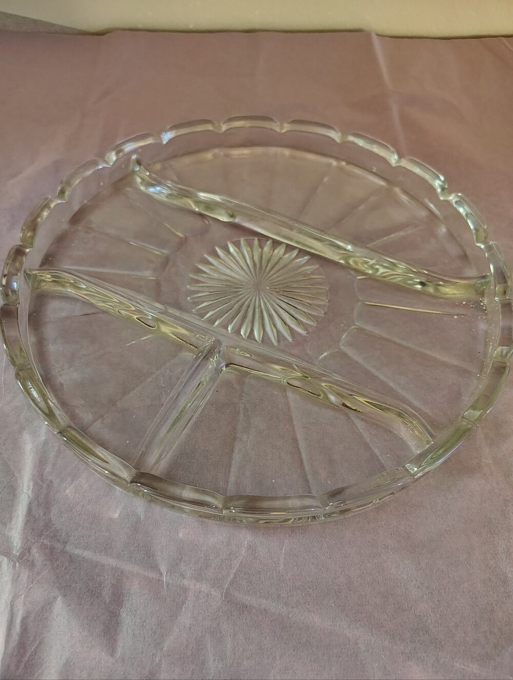 VINTAGE CLEAR PRESSED GLASS DIVIDED RELISH / SERVING TRAY (10")